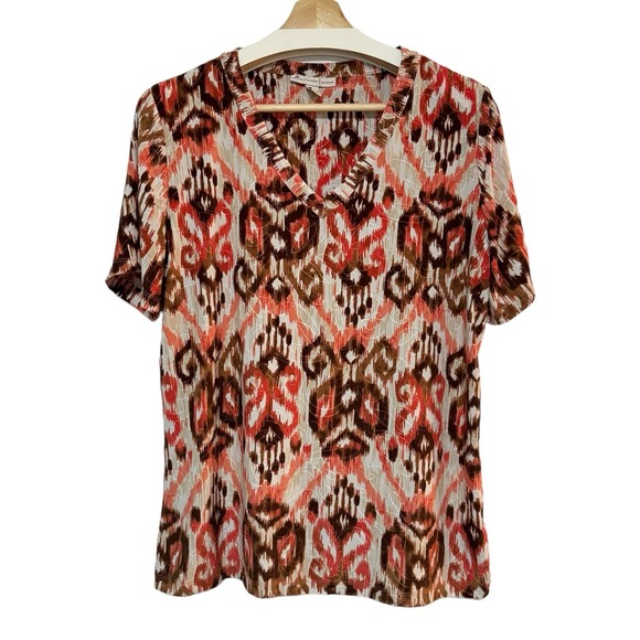 JM Collection Tops - JM Collection Top Womens 0X Paisley Orange Tan Short Sleeve Jacquard Stretch
